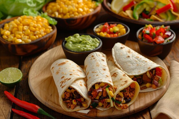 Delicious Mexican food on a wooden plate with tortilla wraps chips and guacamole as side dishes