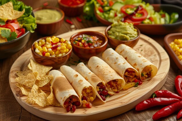 Delicious Mexican food on a wooden plate with tortilla wraps chips and guacamole as side dishes