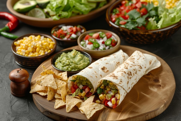 Delicious Mexican food on a wooden plate with tortilla wraps chips and guacamole as side dishes