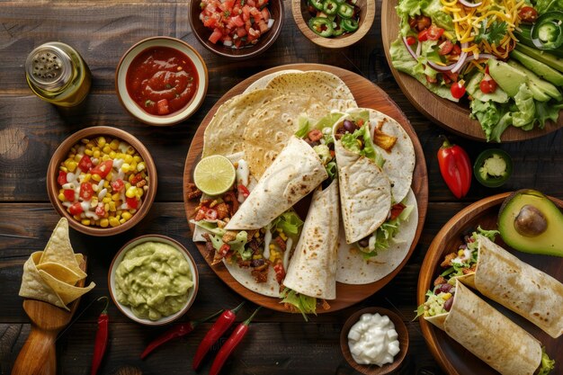 Delicious Mexican food on a wooden plate with tortilla wraps chips and guacamole as side dishes