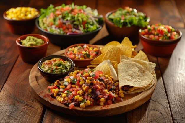 Delicious Mexican food on a wooden plate with tortilla wraps chips and guacamole as side dishes