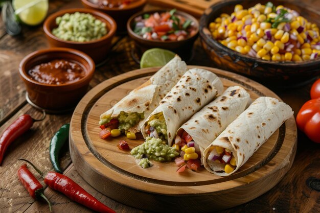 Delicious Mexican food on a wooden plate with tortilla wraps chips and guacamole as side dishes