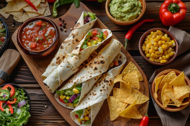 Delicious Mexican food on a wooden plate with tortilla wraps chips and guacamole as side dishes