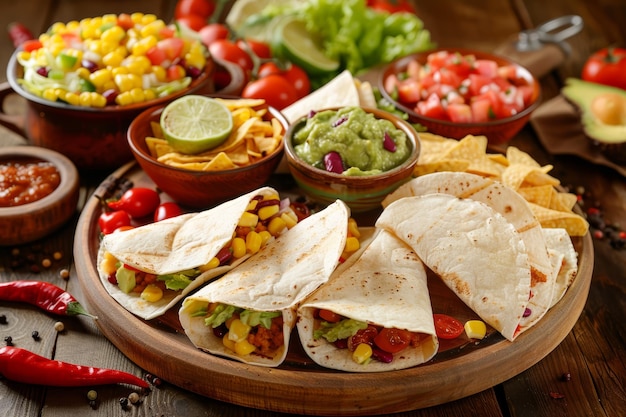 Delicious Mexican food on a wooden plate with tortilla wraps chips and guacamole as side dishes