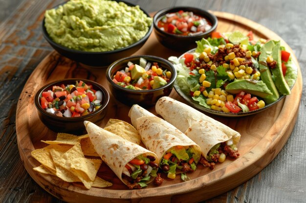 Delicious Mexican food on a wooden plate with tortilla wraps chips and guacamole as side dishes