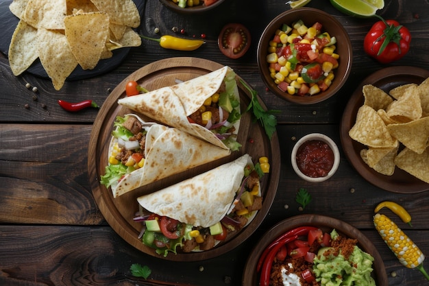 Delicious Mexican food on a wooden plate with tortilla wraps chips and guacamole as side dishes