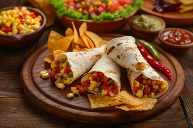 Delicious Mexican food on a wooden plate with tortilla wraps chips and guacamole as side dishes