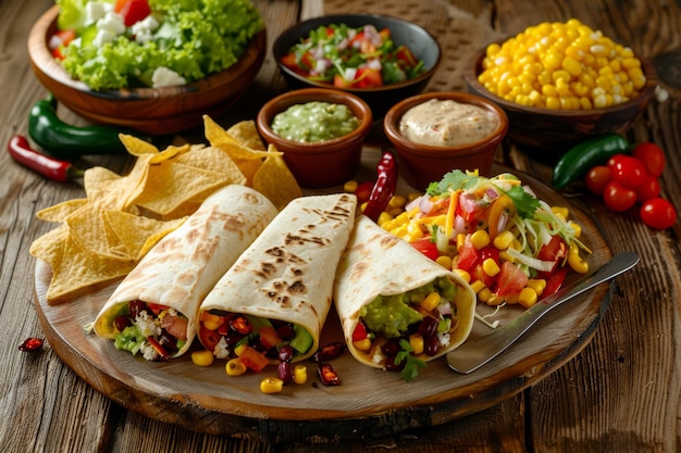 Delicious Mexican food on a wooden plate with tortilla wraps chips and guacamole as side dishes