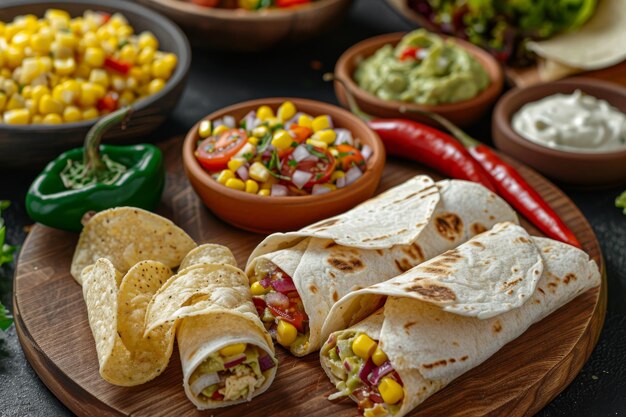 Delicious Mexican food on a wooden plate with tortilla wraps chips and guacamole as side dishes