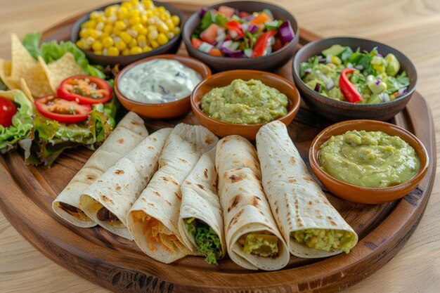 Delicious Mexican food on a wooden plate with tortilla wraps chips and guacamole as side dishes