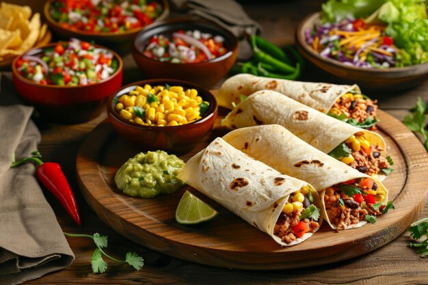 Delicious Mexican food on a wooden plate with tortilla wraps chips and guacamole as side dishes