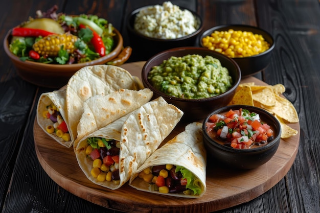 Delicious Mexican food on a wooden plate with tortilla wraps chips and guacamole as side dishes