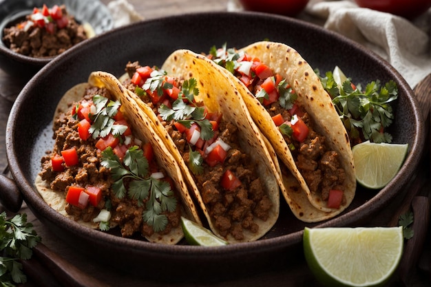 Delicious Mexican tacos with beef in tomato sauce and salsa