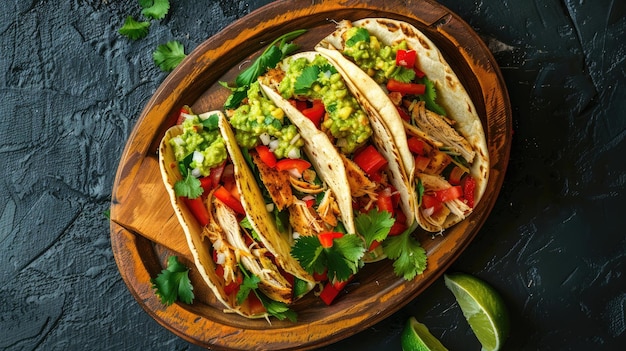 Delicious Mexican tacos with meat beans and vegetables on a dark background Close up