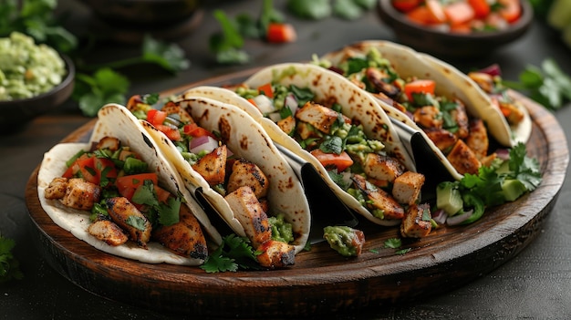 Delicious Mexican tacos with meat beans and vegetables on a dark background Close up