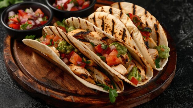 Delicious Mexican tacos with meat beans and vegetables on a dark background Close up