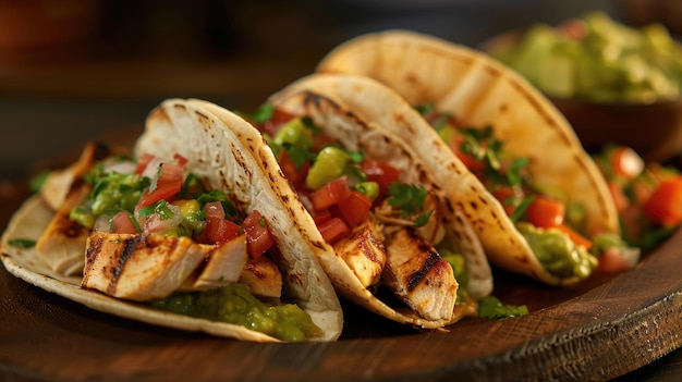 Delicious Mexican tacos with meat beans and vegetables on a dark background Close up