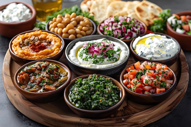 Photo delicious middle eastern mezze appetizers on a wooden platter a feast for the senses