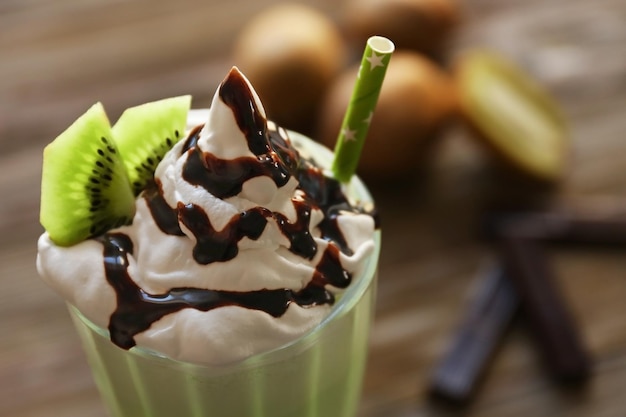 Delicious milkshake with kiwi closeup