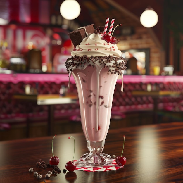 Photo delicious milkshake with whipped cream chocolate and cherries on a wooden table