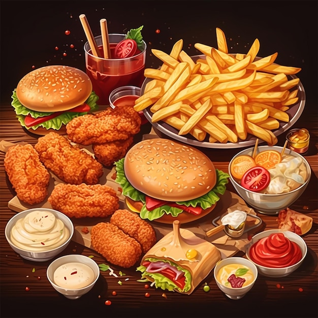 A delicious mix spicy foods pizza burger BBQ Sandwich Fries chicken wings