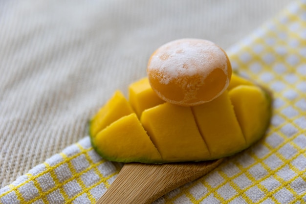 Delicious mochi and mango on white background Traditional Japanese dessert