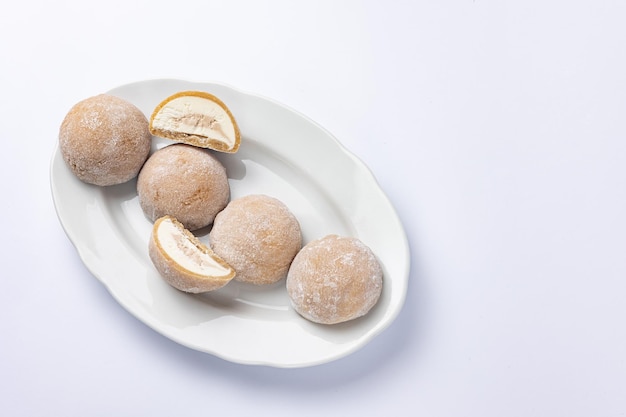 Delicious mochi on a white background, close-up. Traditional Japanese dessert