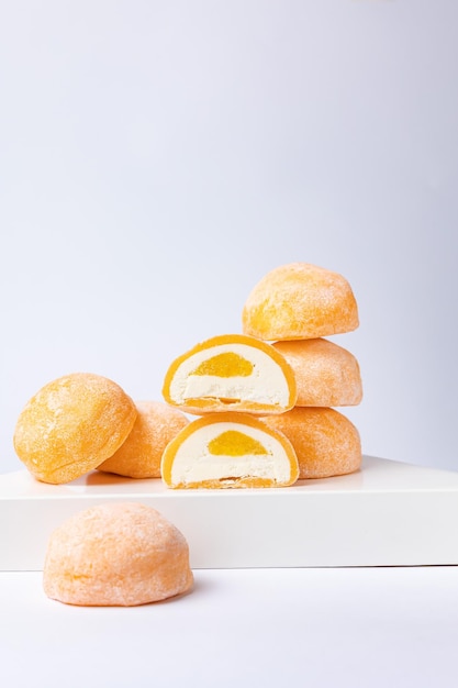 Delicious mochi on a white background, close-up. Traditional Japanese dessert