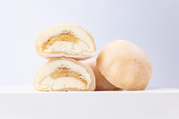 Delicious mochi on a white background, close-up. Traditional Japanese dessert