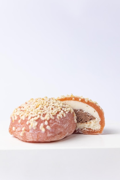 Delicious mochi on a white background, close-up. Traditional Japanese dessert