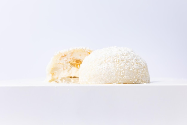 Delicious mochi on a white background, close-up. Traditional Japanese dessert