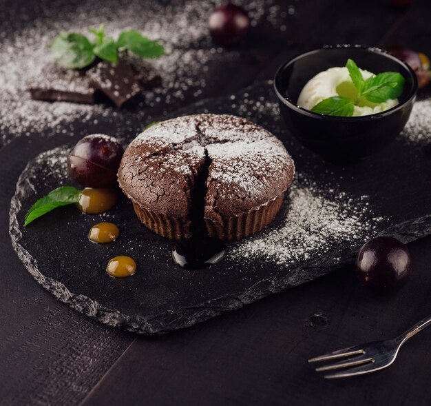 Delicious molten chocolate lava cake with vanilla ice cream