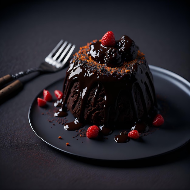 Delicious Molten lava Cake in Plate with Strawberry on top