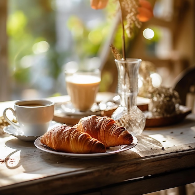 a delicious morning coffee on a beautiful Summer decorated table a croissant on the table