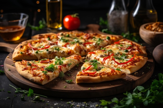 Delicious mozzarella cheese pizza with fresh tomato slices on elegant black background