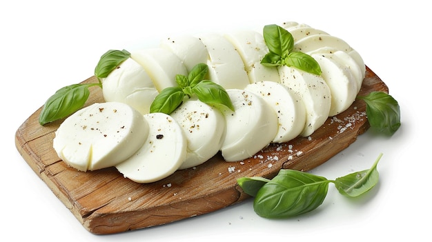 Photo delicious mozzarella cheese with basil on white background