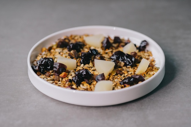 Delicious muesli on a plate in a restaurant