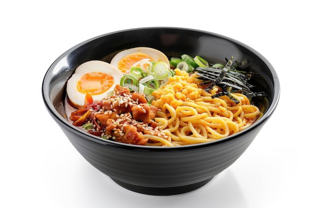 Photo delicious noodle miso ramen on black bowl isolated on white background