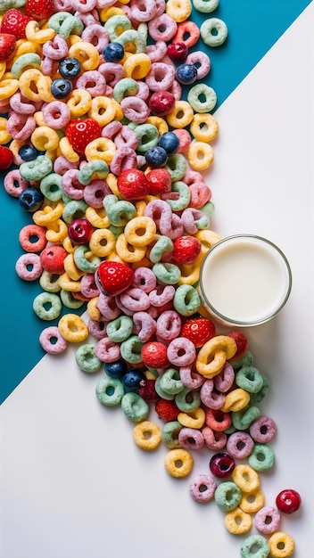 Delicious and nutritious fruit cereal loops flat lay