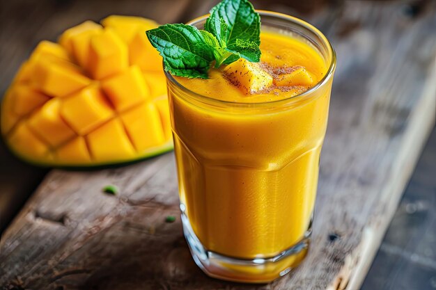 Delicious and nutritious mango smoothie in a glass with fresh mango slices