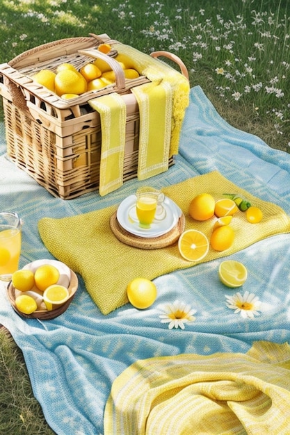 Delicious and Nutritious Picnic Ripe Yellow Apples in a Picnic Basket