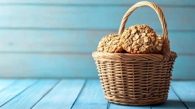 Photo delicious oatmeal cookies in wicker basket on blue wooden background