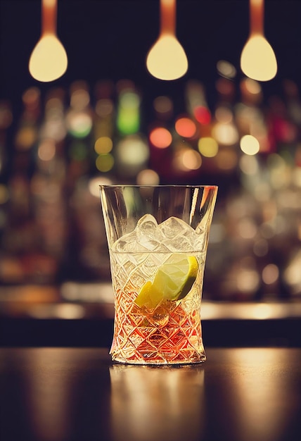 Delicious orange cocktail with ice and fruit located on the bar background with bottles