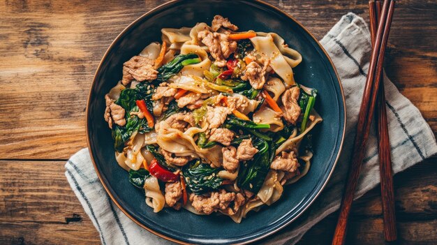 Photo delicious pad see ew with pork and vegetables