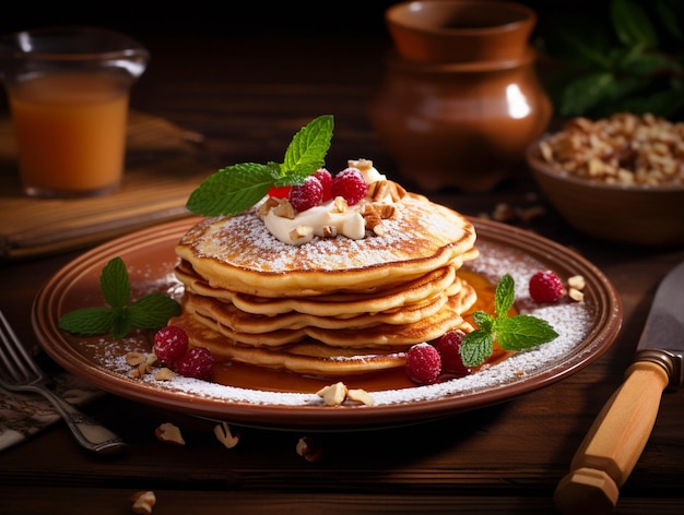 Delicious Pancakes with berries on a wooden table