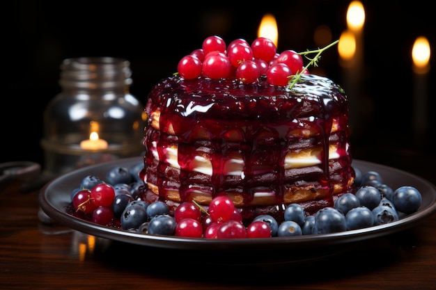 Delicious pancakes with blueberry jam under hanging lamp accompanied by jar of jam with spoon