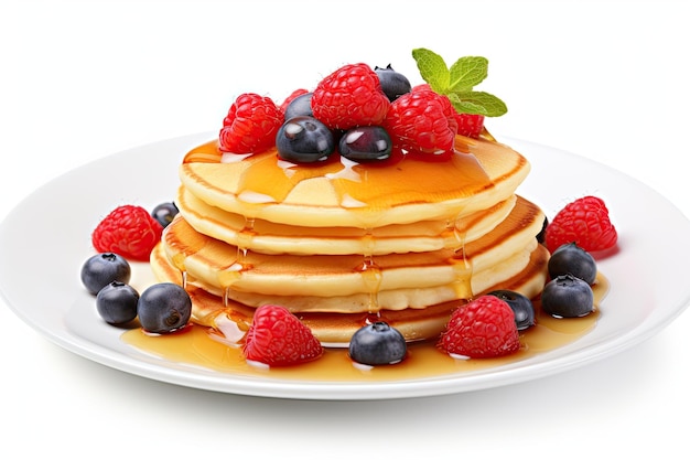 Delicious pancakes with fresh berries and honey on a white plate