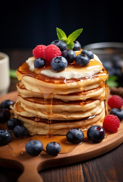 Delicious pancakes with honey and fruits