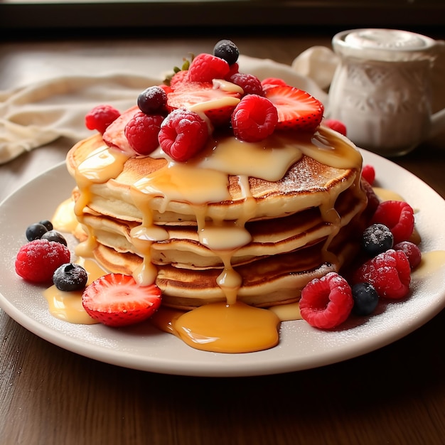 Delicious pancakes with raspberries and blueberries on a plate on a wooden table A delicious desser