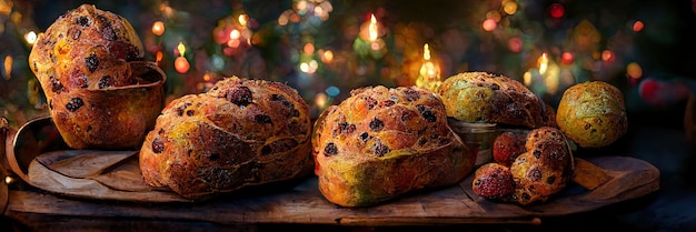 Delicious Panettone slice with candied fruits with blinking blurred christmas lights.